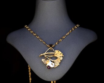 Superbe Collier Long Pendentif Sautoir Broche Art Nouveau Souris Sur Une Branche Feuille Ginkgo Email Jaune Mariage Vintage Style Plaqué Or