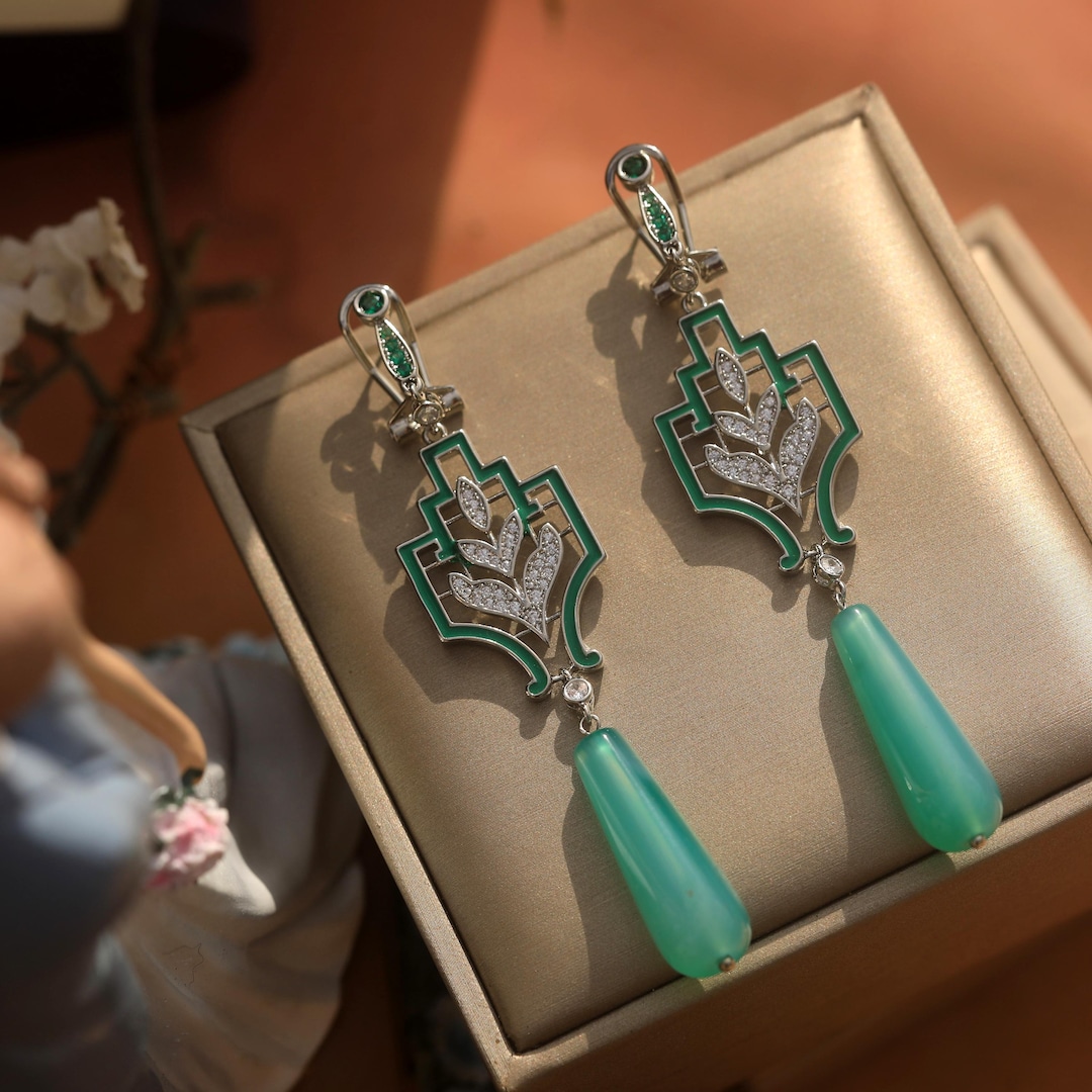 Boucles D'oreilles Art Déco Dormeuses - Argenté, émail Noir, CZ