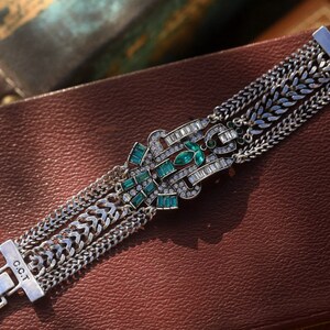 Magnífica pulsera Art Déco Grande Argenté Doré Cadena Géométrique Floral Vert Emeraude Estilo Vintage Años 20 Gran Gatsby Plata