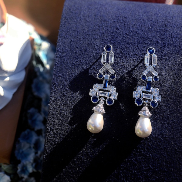 Boucles d'Oreilles Dormeuse CLIP on Non Percée Art Déco Argenté CZ Bleu Saphir Fausse Perle Goutte Mariage Vintage Style 1920 Great Gatsby