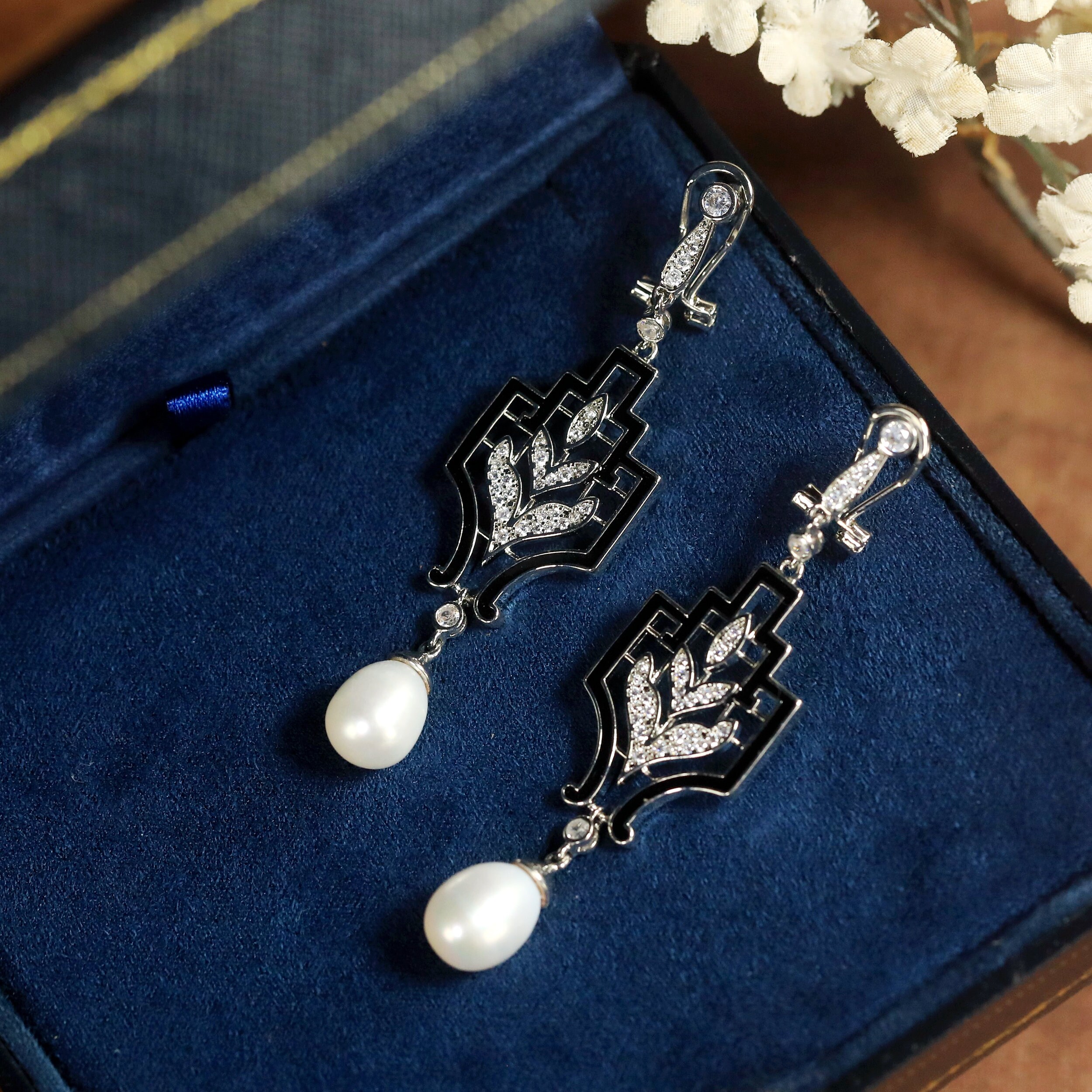 Boucles D'oreilles Art Déco Clip - Argenté Avec émail, Agate Noire Et CZ - Style Vintage Fantaisie