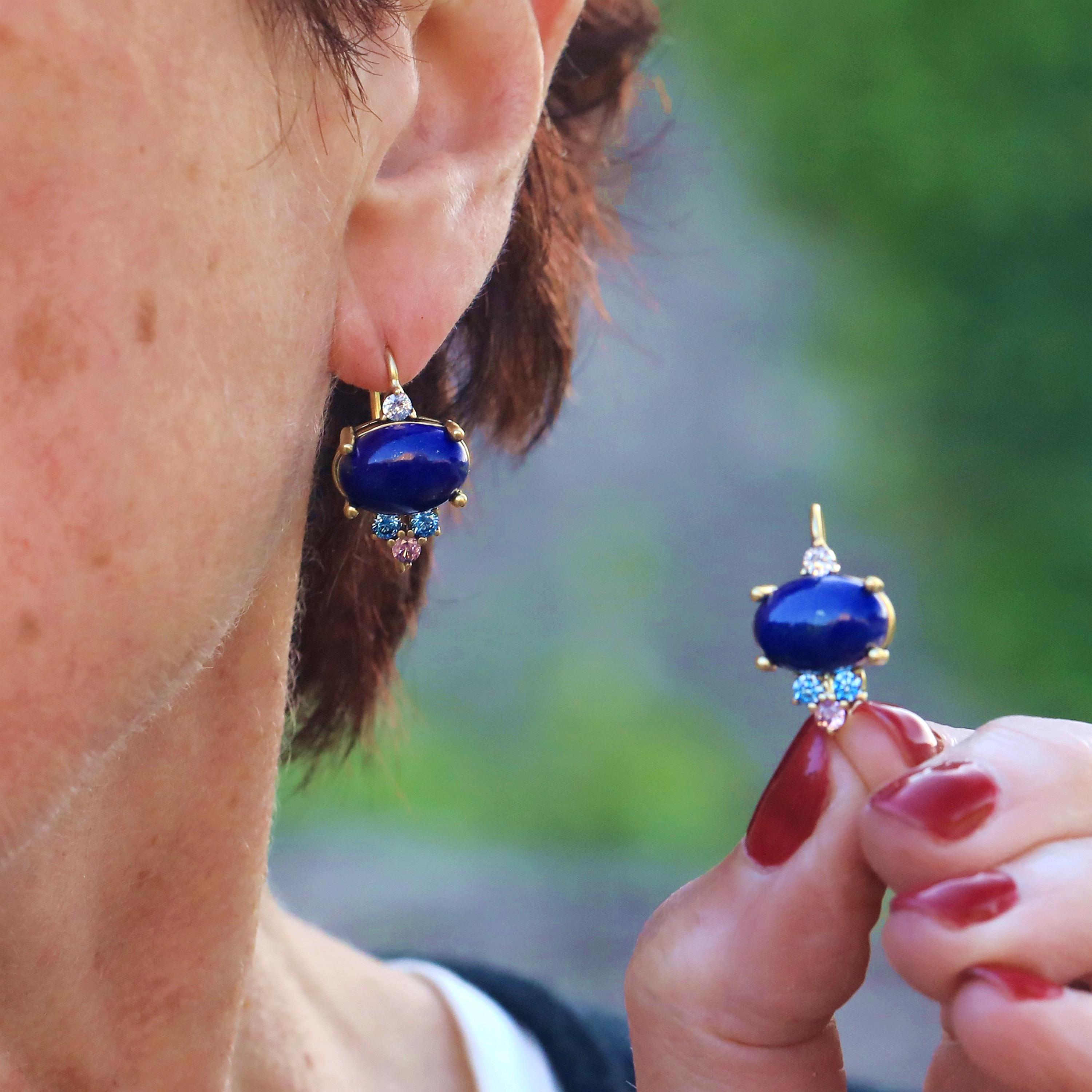 Boucles D'oreilles Dormeuses Dorées Serti CZ Bleu Lapis Lazuli - Style Bohème - Neuf Sans Emballage