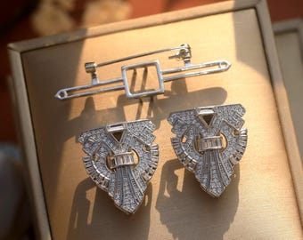 Superbe Broche Double Clips Art Deco Serti de CZ Blanc 1920s Vintage Style Rhodié Great Gatsby