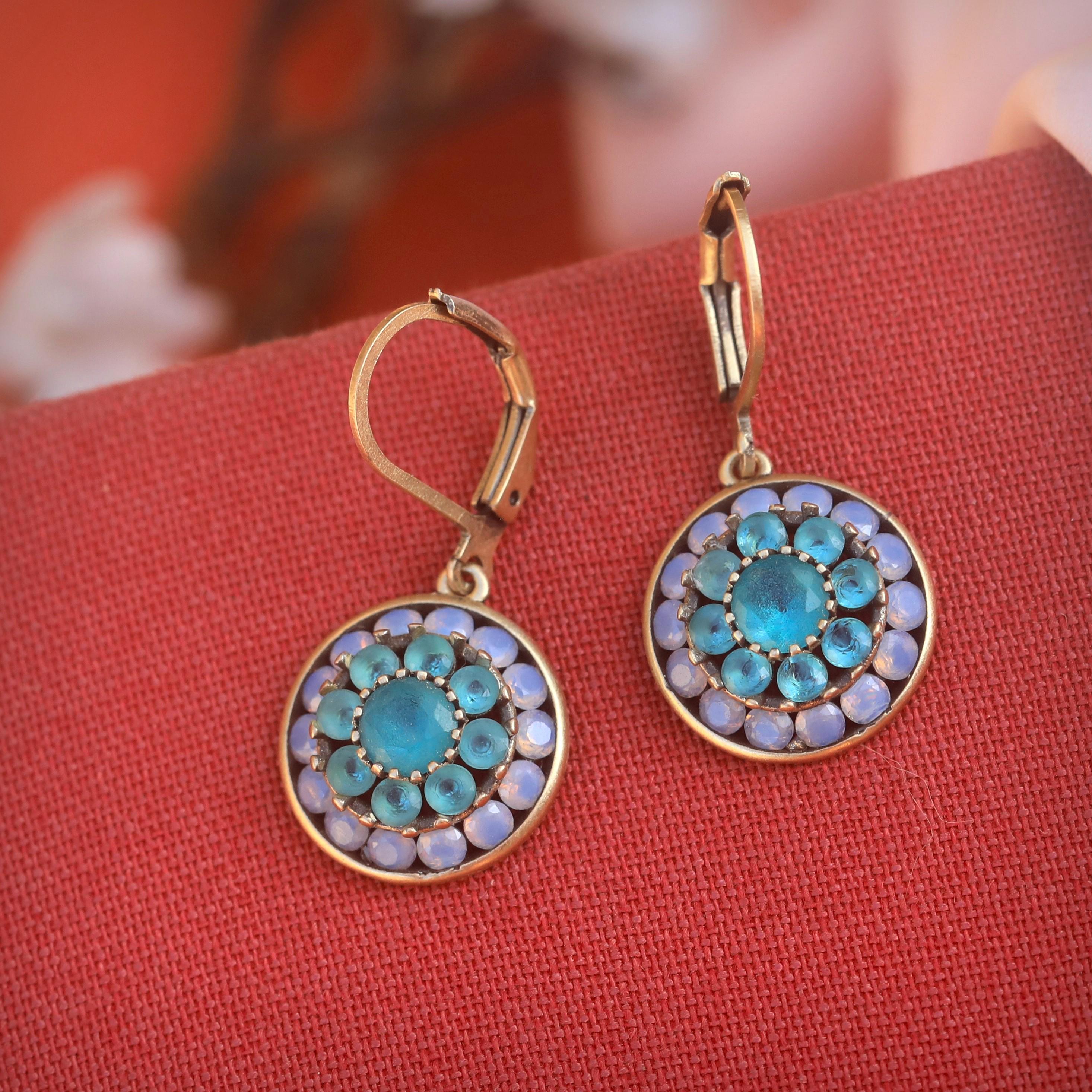 Boucles D’oreilles Fashion Steel Acier Doré Rond Martelé 15mm Et Turquoise Bleue Synthetique