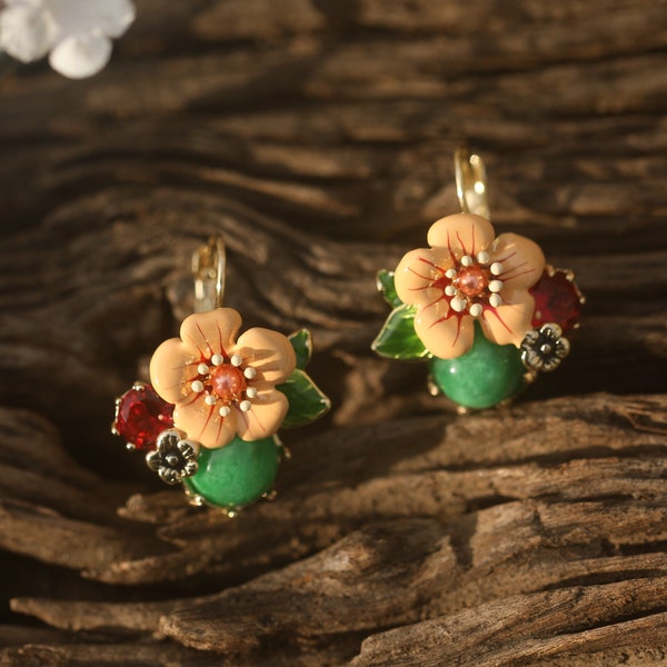 Boucles d'Oreilles Dormeuse Lever Back Perle de Jade Vert Pierre de Lune 10mm Fleur Email Rose Feuille Verte Elegant Mariage Vintage Style