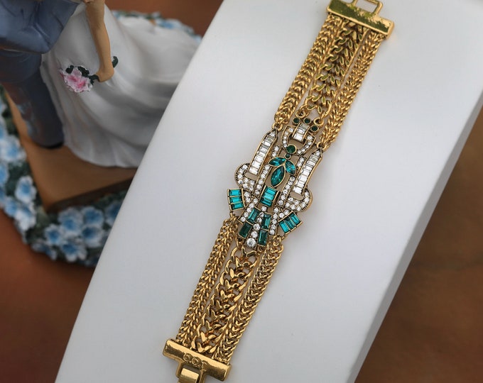 Bracelet Argenté Art Déco Strass Floral Vert - Style Années 1920 - Mariage Vintage