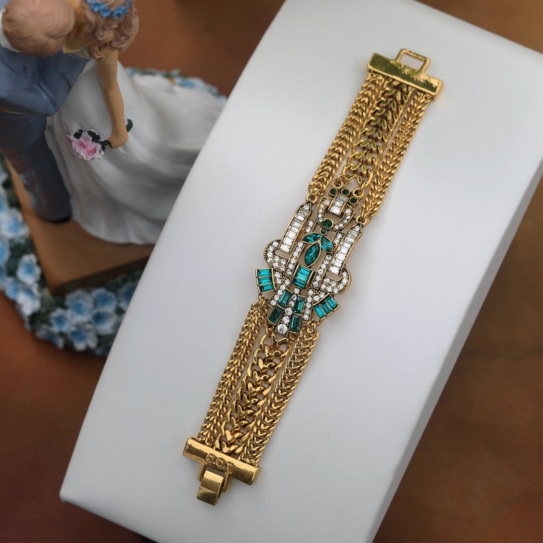 Superbe Bracelet Art Déco Large Argenté Doré Chain Géométrique Floral Vert Emeraude Vintage Style 1920s Great Gatsby Gold