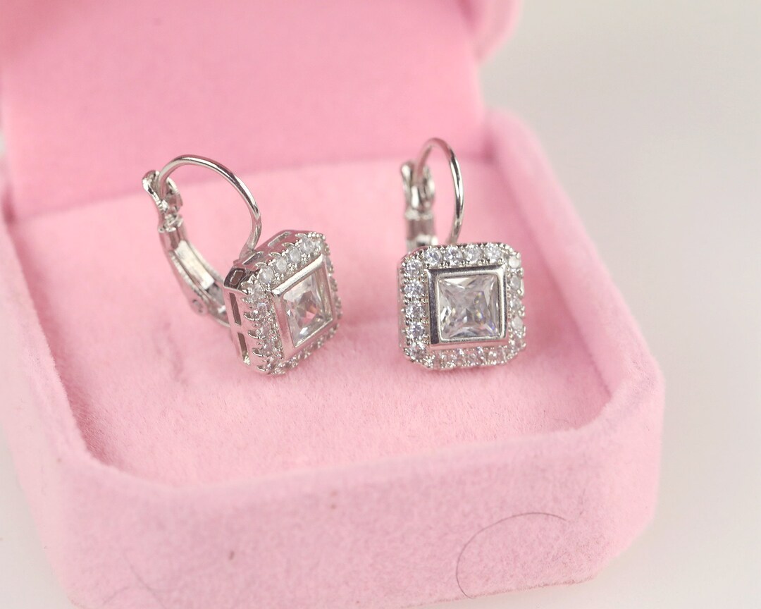 Boucles D'oreilles Pendantes Art Déco - Argenté, Carré Vert CZ - Fantaisie