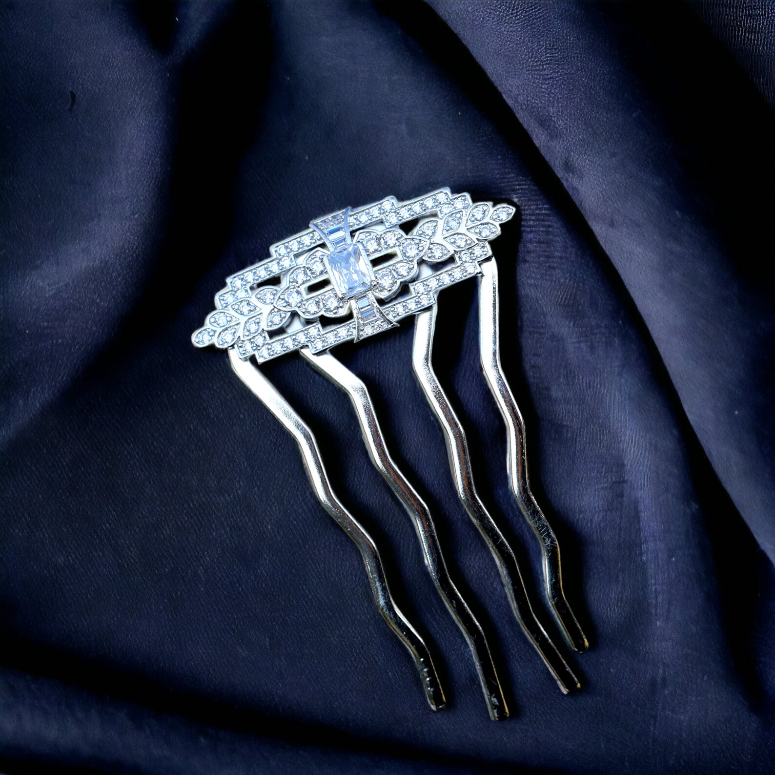 Peigne à Cheveux Art Déco Argenté Avec Strass Blanc, Style Géométrique Années 1920, Neuf