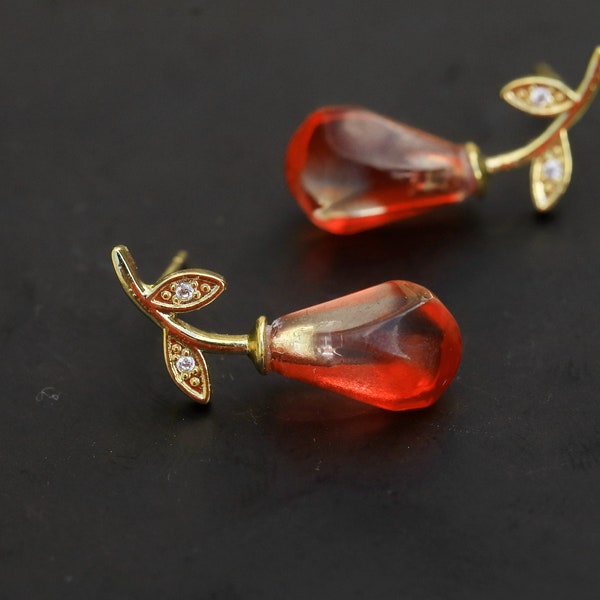 Boucles d'oreilles Clous Art Nouveau Sterling Argent Massif 925 Vermeil Feuille Graines de grenat en Verre Rouge Murano Style Vintage Style