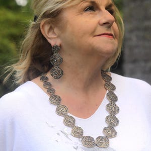 Parure Collier Lange Boucles d'oreilles Clous Art Déco Doré Géométrique Octogone Strass Gris Vintage Style Great Gatsby 1920s Mariage