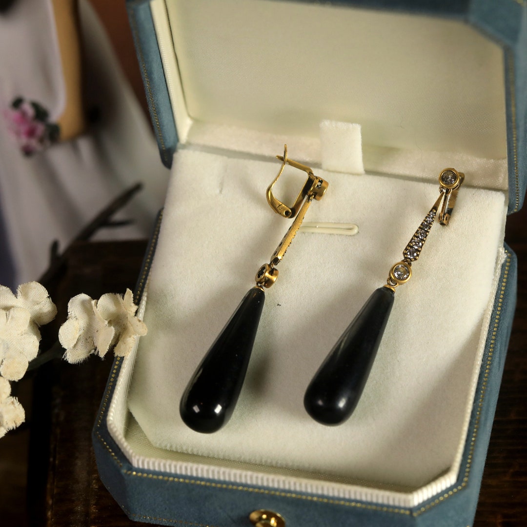 Boucles D'oreilles Dormeuses Dorées Serties De CZ Bleu Et Onyx Noir SB4 - Grosses Et Brillantes - Néomade