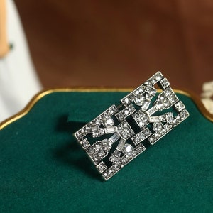 Superbe Broche Art Déco Argenté Géométrique Ovale Rectangle Strass Blanc Vert Emeraude Great Gatsby 1920s Vintage Style Mariage image 4