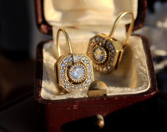 Boucles d'oreilles Dormeuse Argenté Antique Art Deco Rectangle CZ Blanc Vert SC1