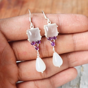 Rose Quartz With Purple Amethyst Earring, Dangle Drop Earring, 925 Silver Earring, Two Stone Earrings, Gemstone Earring, Personalized Gift*