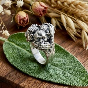 Sterling Silver Three Monkeys Chimpanzee Ring, Artisan Wildlife Statement Piece