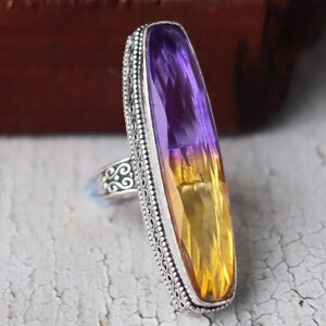 Ametrine Cabochon Ring, Long Oval, 925 Sterling Silver, Bohemian Handmade Jewelry