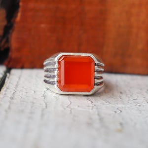 Natural Carnelian Ring, Orange Gemstone, Men&#39;s Signet Ring, Square Shape Gemstone, 925 Sterling Silver Ring, Oxidized Ring,Personalized Gift