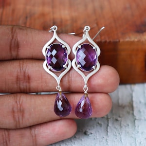 Handmade Amethyst Dangle Earrings: Sterling Silver Prong Setting