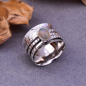 Opal Spinner Ring: Hammered Sterling Silver Anxiety Meditation Ring