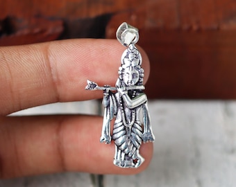 Lord Krishna Flute Pendant, Krishna Idol Charm, Handmade Krishna Pendant, 925 Sterling Silver Pendant, Oxidized Pendant, Silver Pendant*****