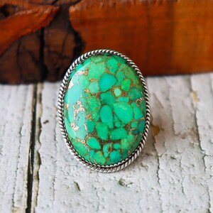 Green Copper Turquoise Ring, Big Oval Turquoise Ring, 925 Sterling Silver Ring, Green Stone Ring, Gift For Girls And Women, Handmade Ring***