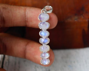 Blue Fire Moonstone Pendant, 7 Moonstones Pendant, Big To Small Stone Pendant, 925 Sterling Silver, Oval Shape Gemstone, Personalized Gift**
