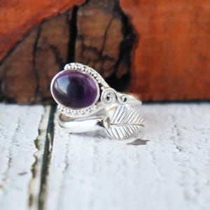 Natural Amethyst Ring, 925 Sterling Silver Ring, Amethyst Gemstone Ring, Purple Gemstone, Adjustable Ring, Leaf Design Ring, Rings For Her**
