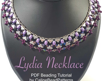 ENG Beaded Lydia Necklace Tutorial, Pattern - Beadweaving Tutorial - PDF - Samos, Helios par puca, superduo, 4mm round - CalineBeadPatterns