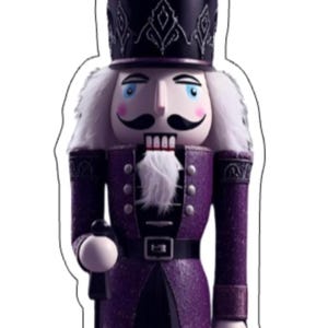 May include: A decorative nutcracker figurine in a purple and black uniform with a black hat. The nutcracker has a white beard and hair, with a black cane in its right hand. The figurine is approximately 12 inches tall.