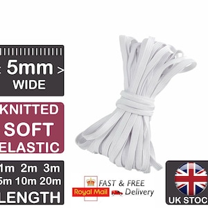 Soft 5mm WHITE ELASTIC Cord - Thin Elastic For Straps - Knitted Flat Sewing Elastic For Face Masks - Elastic In The UK White Elastic String