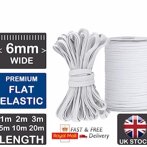 May include: White elastic band, 6mm wide, in a roll. The elastic is available in lengths of 1m, 2m, 3m, 5m, 10m, and 20m. The text "FAST & FREE Delivery" is also visible.