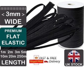 Cordón elástico trenzado plano negro de 3 mm: gran elasticidad, ideal para hacer mascarillas y coser.