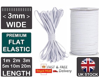 3mm White Flat Braided Elastic Cord: Sewing, Dressmaking, Mask Making
