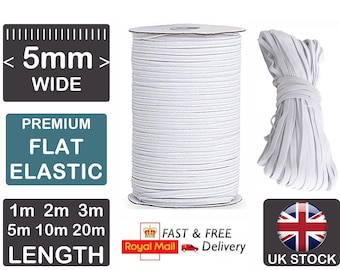 5mm White Flat Braided Elastic Cord: Face Masks, Sewing, Crafts