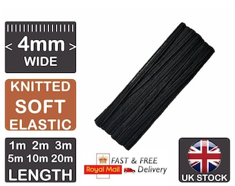 May include: Black knitted elastic cord, 4mm wide, available in lengths of 1m, 2m, 3m, 5m, 10m, and 20m.  The elastic is soft and flexible, making it ideal for a variety of crafting projects.