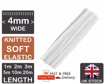 May include: White knitted elastic band, 4mm wide, available in lengths of 1m, 2m, 3m, 5m, 10m, and 20m.  The elastic is soft and stretchy, perfect for sewing projects.
