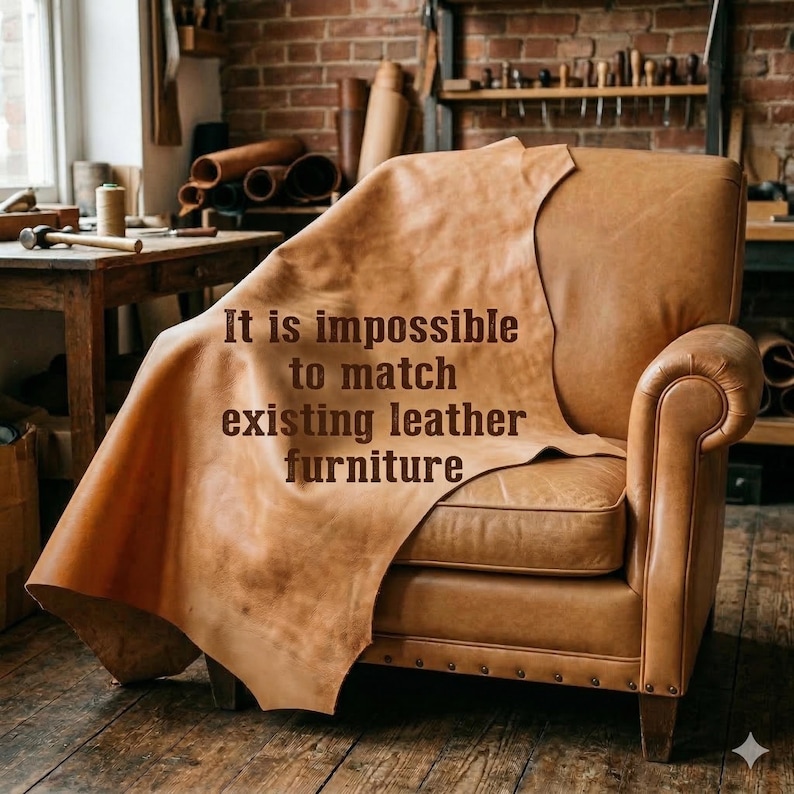 K&ouml;nnte beinhalten: Ein beigefarbener Ledersessel, der mit einem gro&szlig;en, passenden Lederst&uuml;ck bedeckt ist. Auf dem Leder steht der dunkelbraune Text: It is impossible to match existing leather furniture. Der Sessel hat ein klassisches Design mit Armlehnen und Nieten.