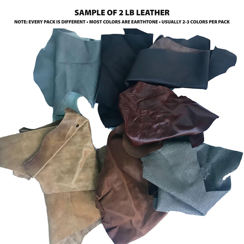 Top Grain Leather Pieces Full Grain Leather Remnants Genuine Cow Hide Natural Material Various Sizes Shapes Mixed Colors Earth Tones Soft Flexible Texture Craft Supply Bulk Package Two Pounds Perfect For Leather Working Projects Bookbinding