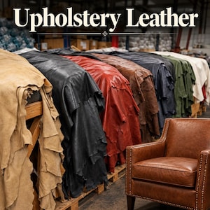 May include: Large hides of upholstery leather in tan, black, red, brown, dark blue, green, and white draped over wooden racks. The text Upholstery Leather is displayed at the top. A brown leather armchair with nailhead trim sits in the foreground.