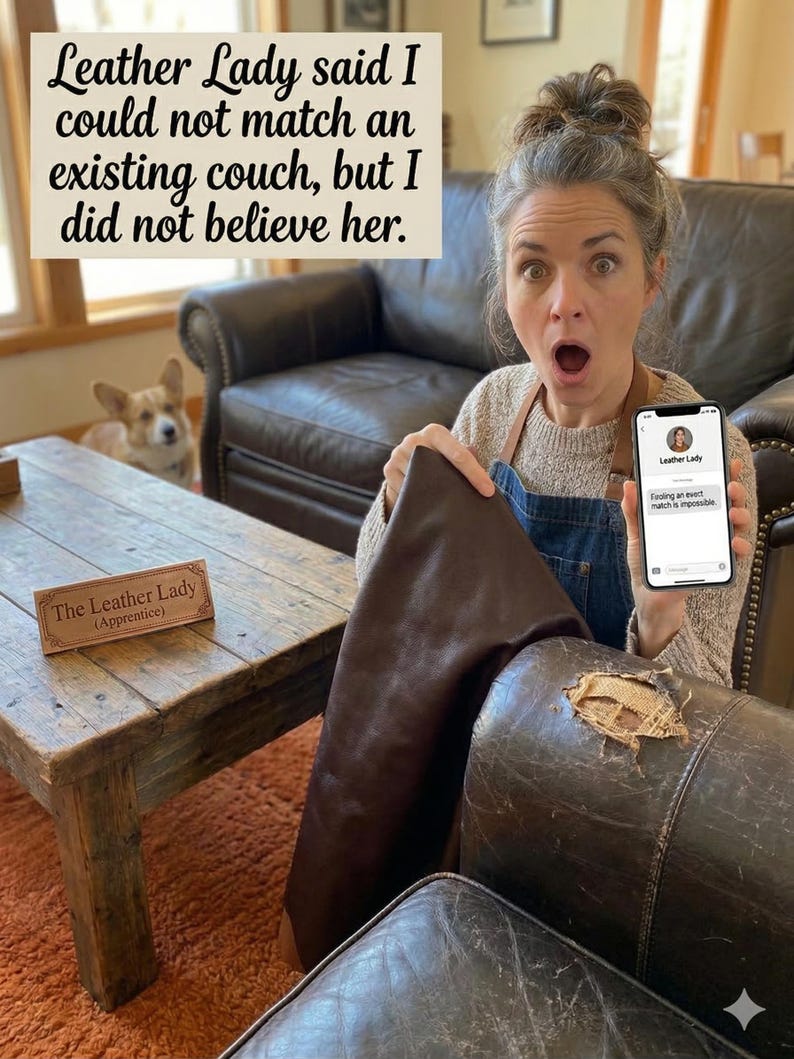 K&ouml;nnte beinhalten: Ein dunkelbraunes Ledermuster vor einem besch&auml;digten dunkelbraunen Ledersofa. Ein Smartphone zeigt eine Nachricht von Leather Lady: "Finding an exact match is impossible." Der Text auf dem Bild lautet: "Leather Lady said I could not match an existing couch, but I did not believe her."