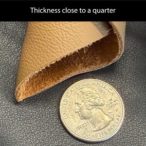 May include: Close-up of a tan leather edge next to a U.S. quarter. The text "Thickness close to a quarter" is at the top. The quarter shows the profile of George Washington and the words "Liberty" and "Quarter Dollar".