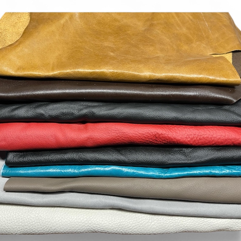 Full Grain Leather Scraps Earth Tone Remnants Genuine Leather Pieces Soft Flexible Material Furniture Upholstery Thickness Various Colors Perfect Craft Projects Artisan Work Small Accessories Jewelry Making Bookbinding Natural Material