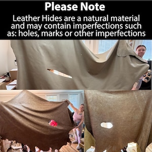 K&ouml;nnte beinhalten: Ein gro&szlig;es, beigefarbenes Lederfell mit sichtbaren nat&uuml;rlichen Unvollkommenheiten, einschlie&szlig;lich eines markanten Lochs in der Mitte. Der Text oben lautet: Please Note Leather Hides are a natural material and may contain imperfections such as: holes, marks or other imperfections.