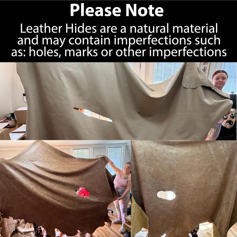 K&ouml;nnte beinhalten: Ein gro&szlig;es, beigefarbenes Lederfell mit sichtbaren nat&uuml;rlichen Unvollkommenheiten, einschlie&szlig;lich eines markanten Lochs in der Mitte. Der Text oben lautet: Please Note Leather Hides are a natural material and may contain imperfections such as: holes, marks or other imperfections.