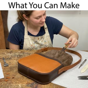 May include: A handmade leather bag with a brown base and a tan upper section. The bag has a strap and a buckle closure. The text "What You Can Make" is at the top of the image.