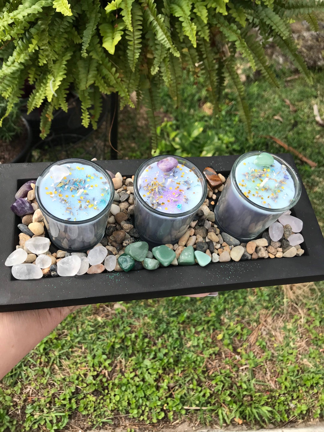 Three Intention Votive Candles With Holder and Crystals.. Glass Candles ...