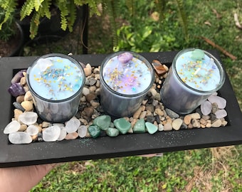 Three intention votive candles with holder and crystals.. glass candles.. candle set..crystal candles small/ gifts/ wedding/decor/gift set