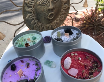 4 intention crystal candles bundle set in tins/ set of four candles / set of crystal candles/ bulk crystal candles / spell candles set/ gift