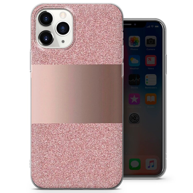May include: A pink glitter phone case with a rose gold band across the middle. The case is designed for an iPhone.